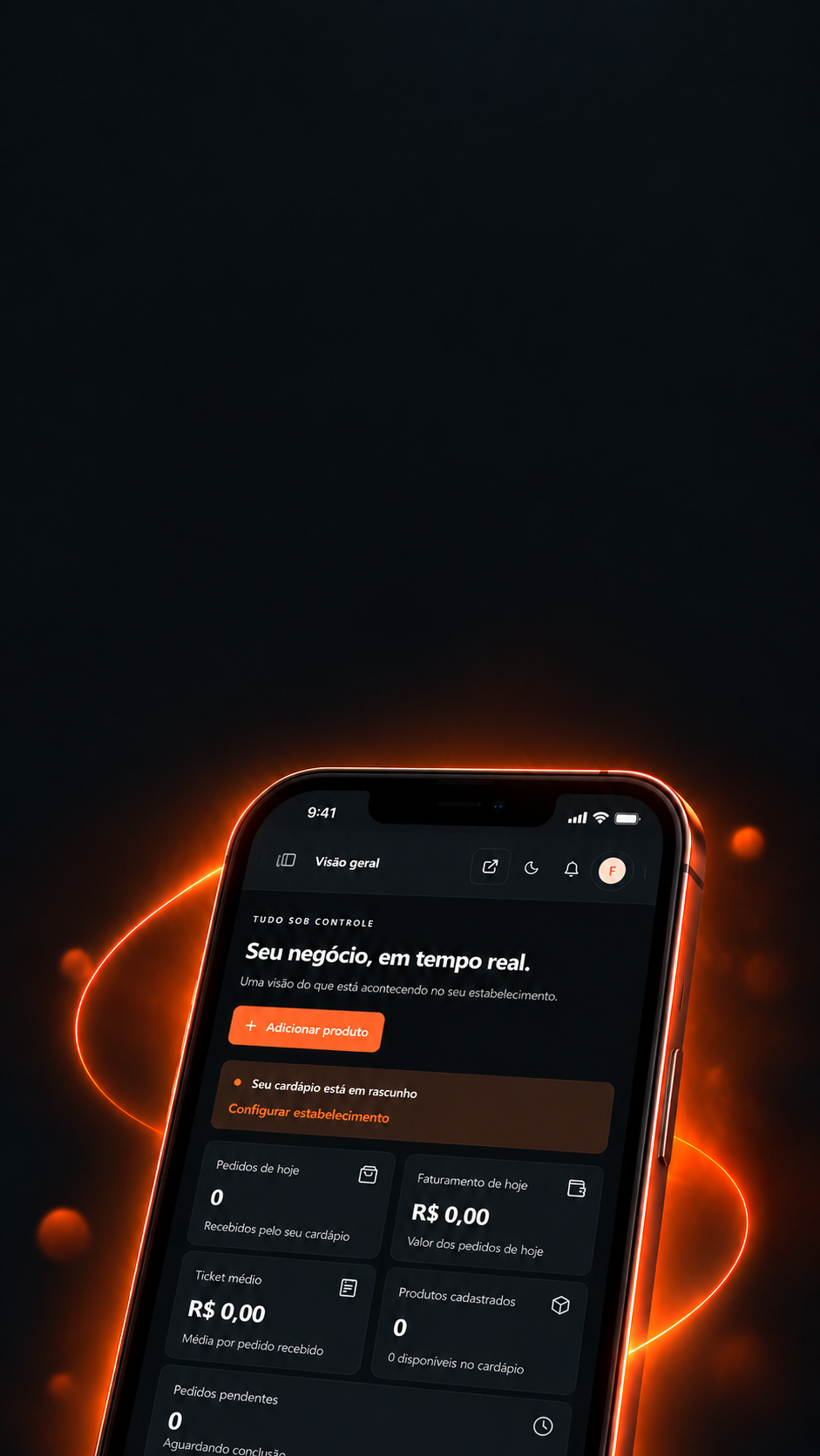 Painel Menuzy no notebook e no celular, com pedidos, faturamento e produtos em tempo real.